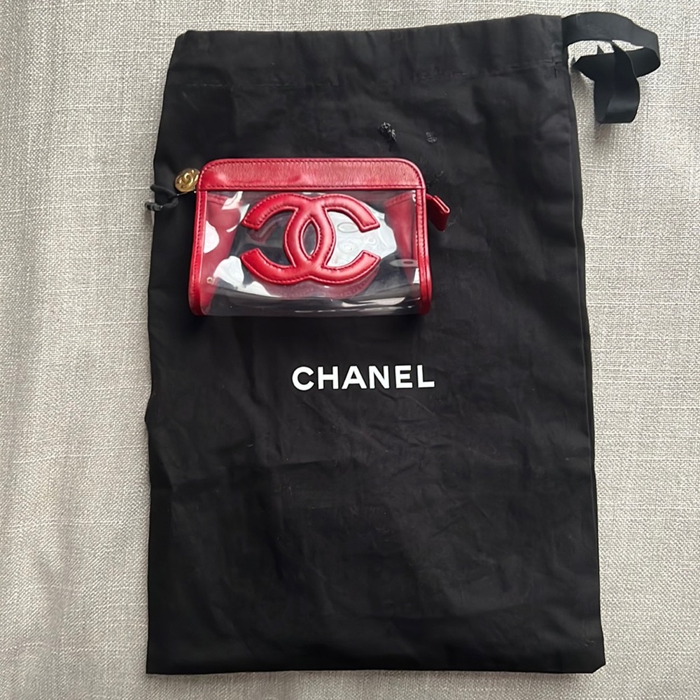 CHANEL CC Logo Clutch Bag Clear Vinyl Pouch Red W 11.8 Inch Vintage